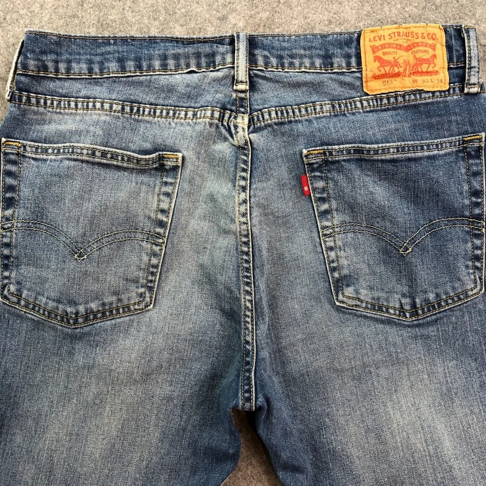 Levis 513 Mens Jeans 34x34 Straight Leg Blue Light Wash Stretch Slim Fit Classic